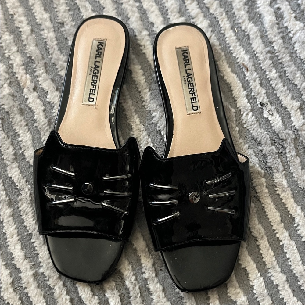 Karl Lagerfeld Glossy Black Cat Mules